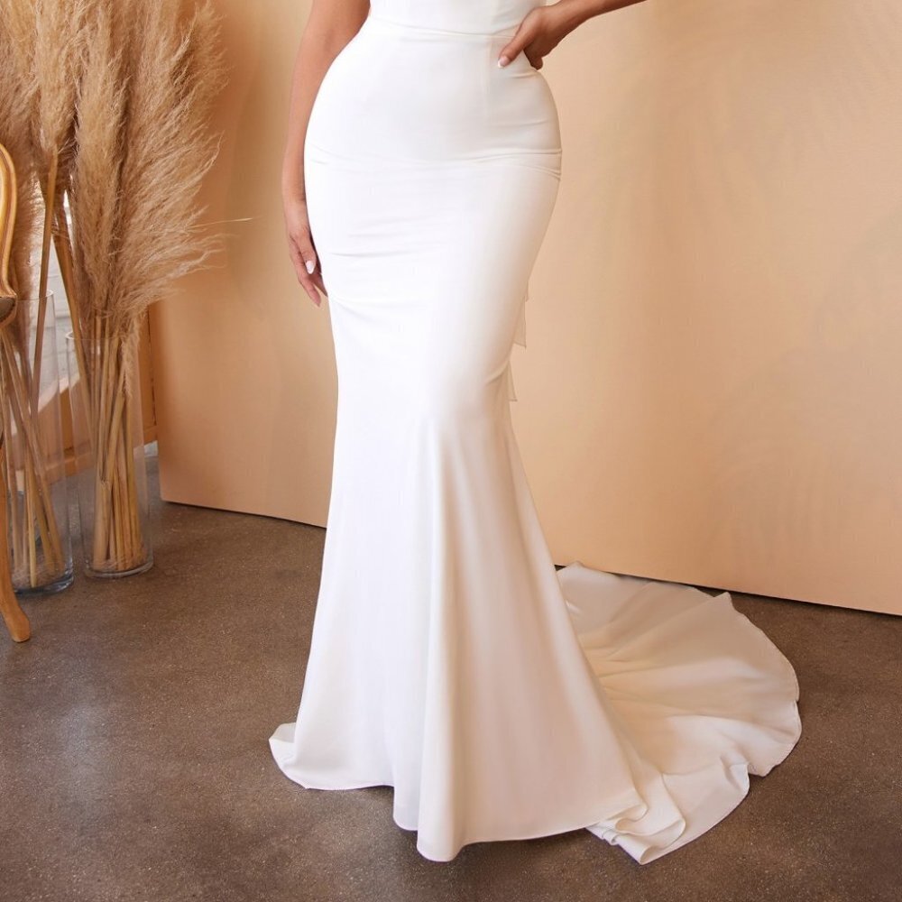 NEW WHITE LONG OFF THE SHOULDER SLEEVELESS MERMAID DRESS WITH TIE-BACK CD 7487W - Picture 5 of 8